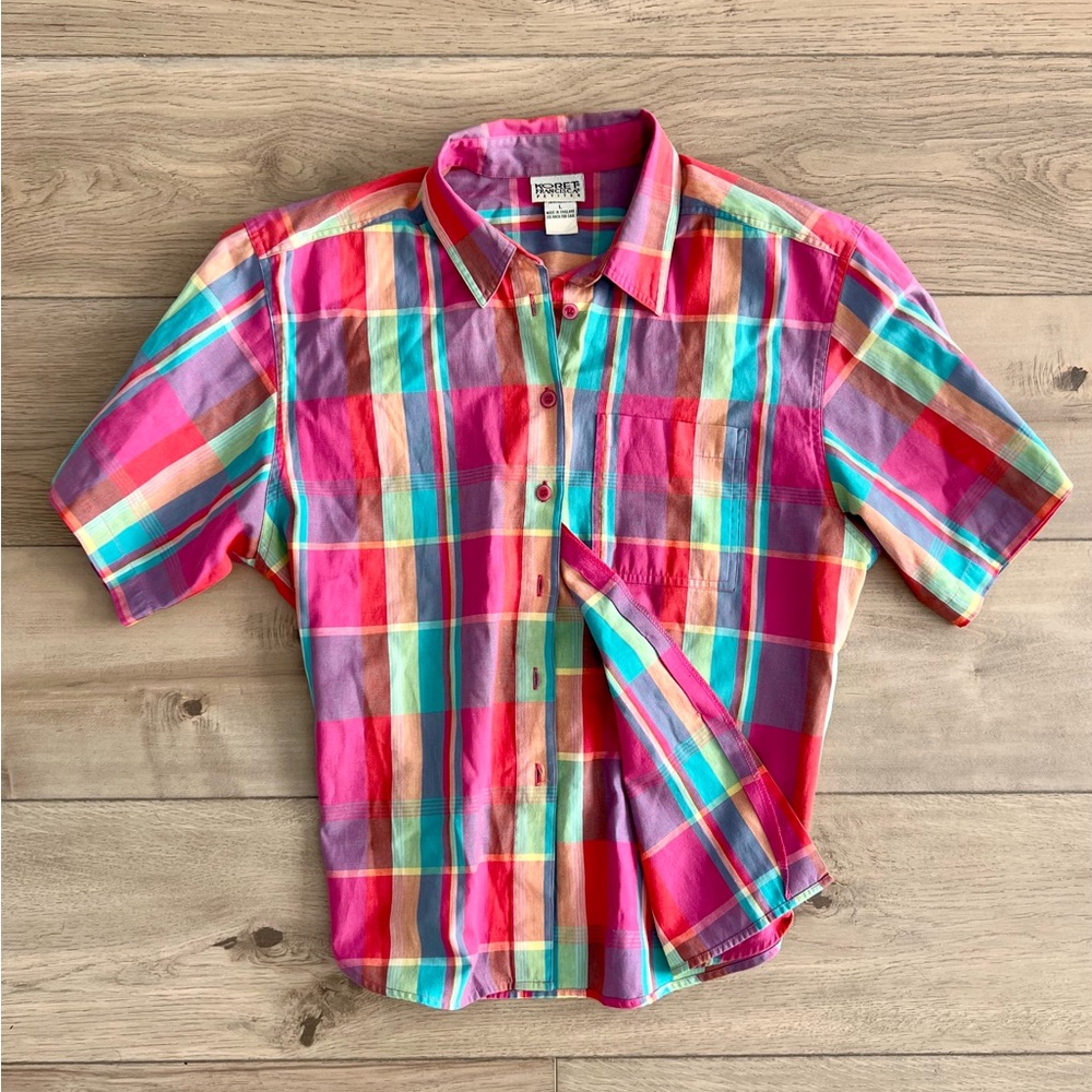 Vintage 80s Women’s Plaid Short Sleeve Button Down Size Large